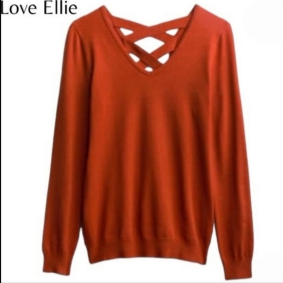 Love Ellie Vibrant Orange V-Neck Sweater with Crisscross Back Straps Sz Medium - Picture 4 of 6